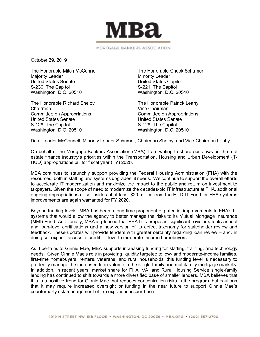 MBA Letter to the Senate on T-HUD