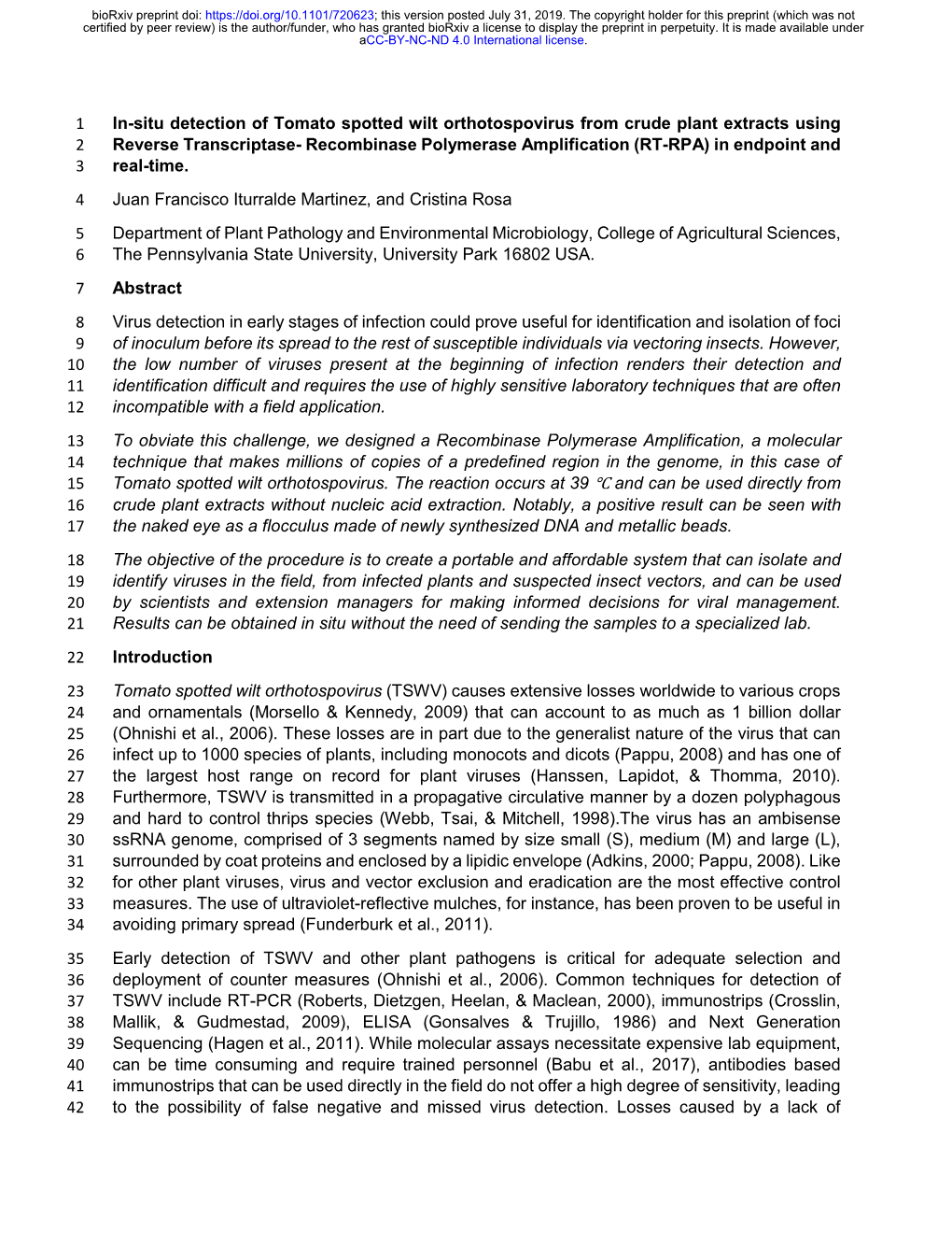 In-Situ Detection of Tomato Spotted Wilt Orthotospovirus From