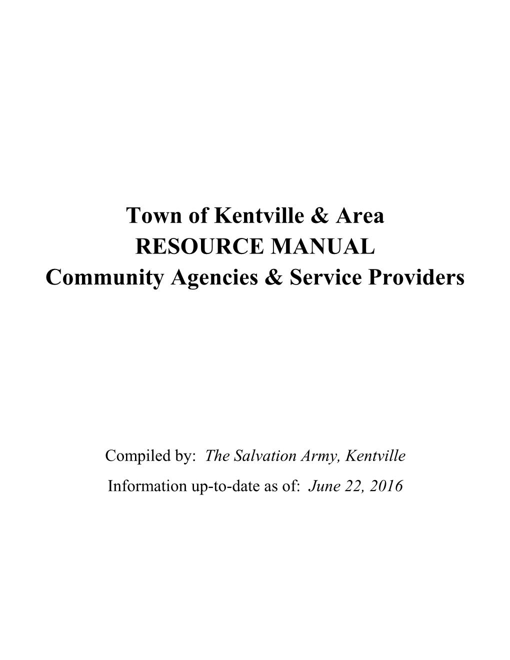 Town of Kentville & Area RESOURCE MANUAL Community Agencies