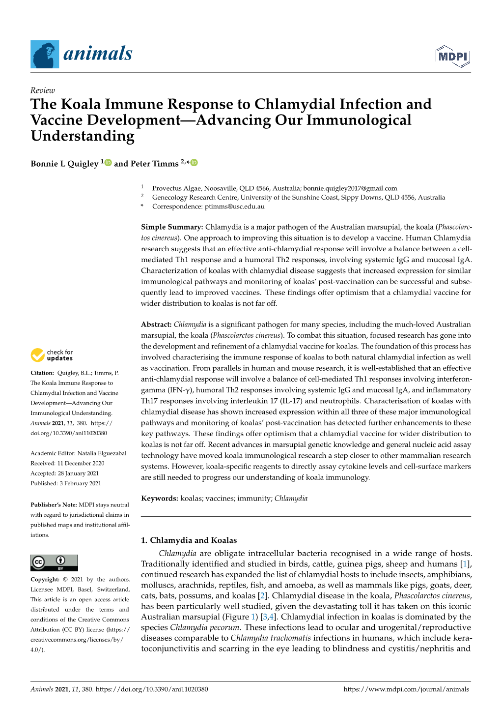 The Koala Immune Response to Chlamydial Infection and Vaccine Development—Advancing Our Immunological Understanding