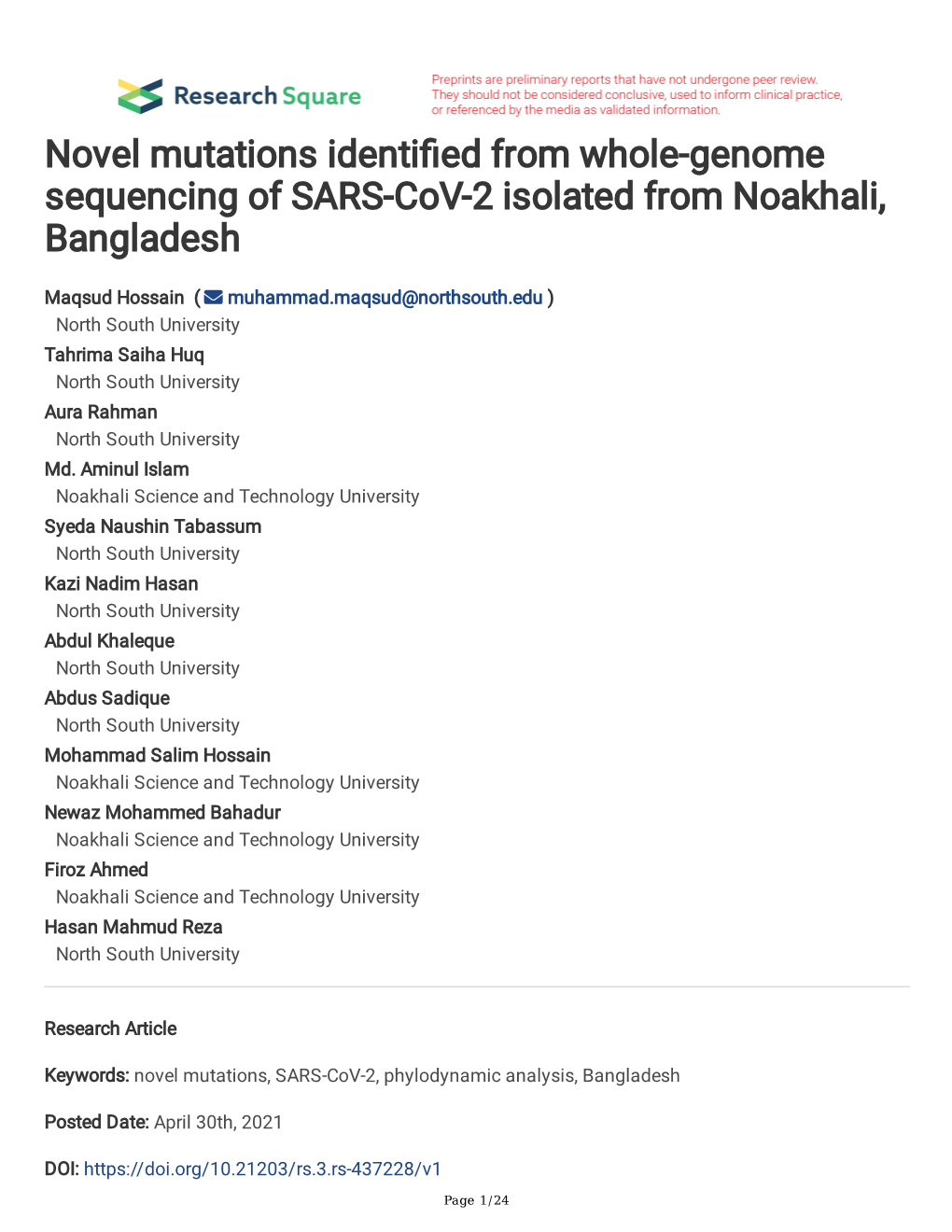 Novel Mutations Identi Ed from Whole-Genome Sequencing Of