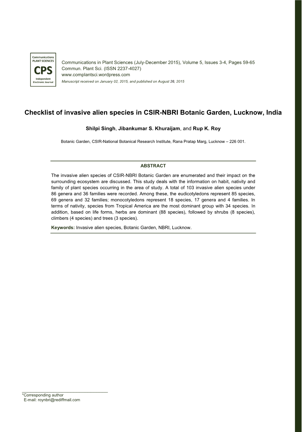 Checklist of Invasive Alien Species in CSIR-NBRI Botanic Garden, Lucknow, India