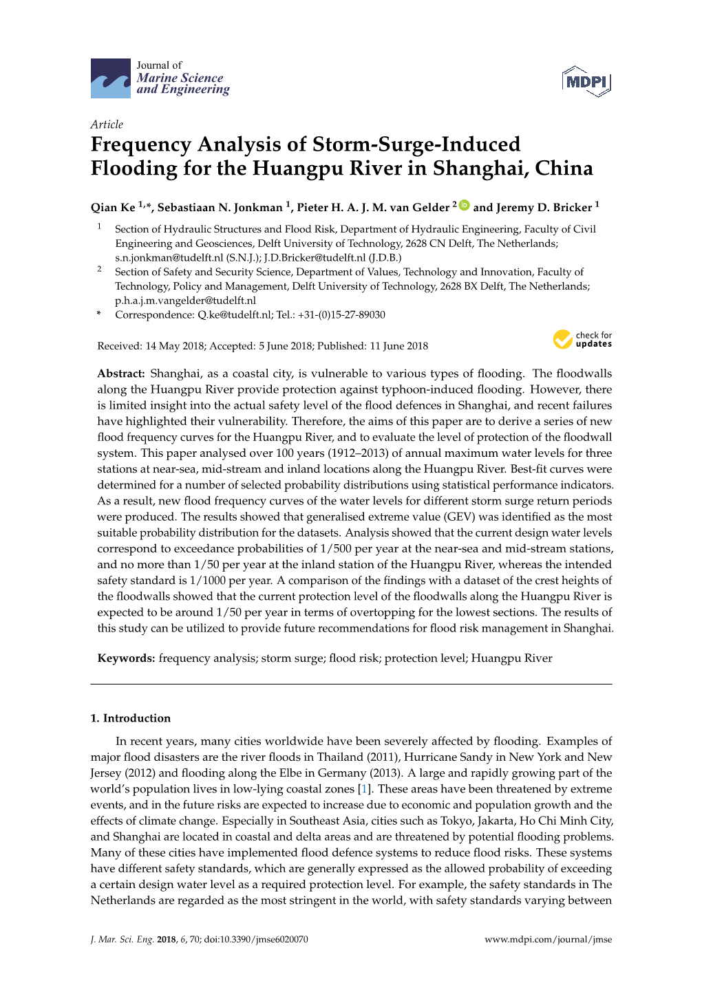 Frequency Analysis of Storm-Surge-Induced Flooding for the Huangpu River in Shanghai, China