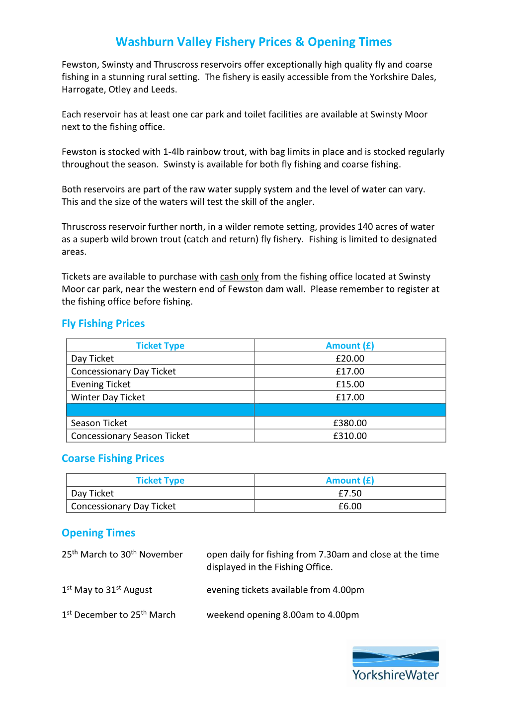 Washburn Valley Fishery Prices & Opening Times