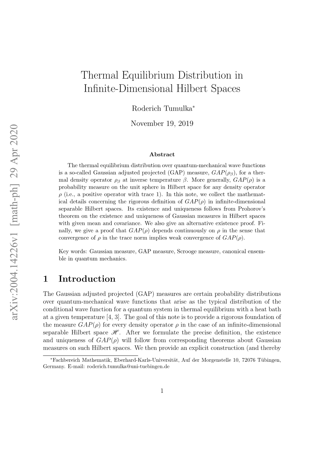 Thermal Equilibrium Distribution in Infinite-Dimensional Hilbert Spaces