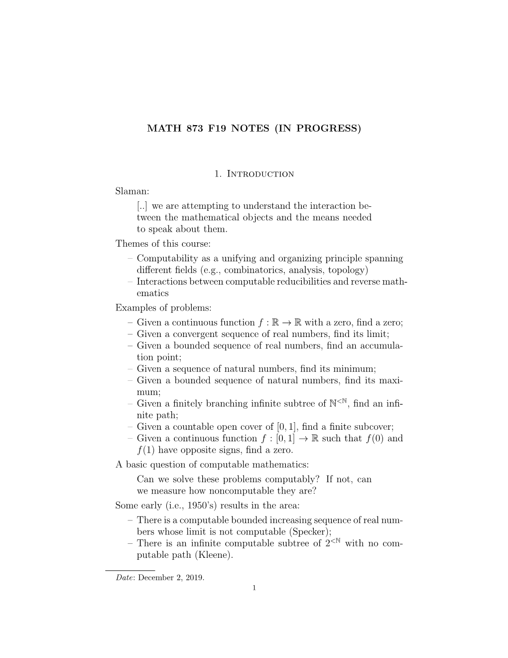 MATH 873 F19 NOTES (IN PROGRESS) 1. Introduction