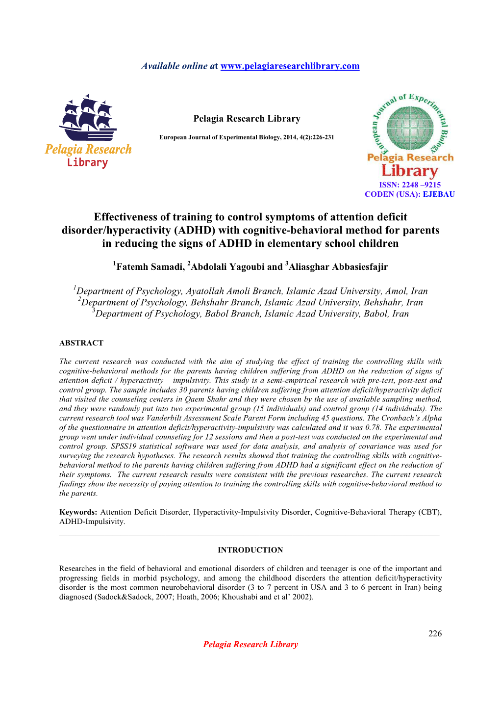 (ADHD) with Cognitive-Behavioral Method for Parents in Reducing the Signs of ADHD in Elementary School Children