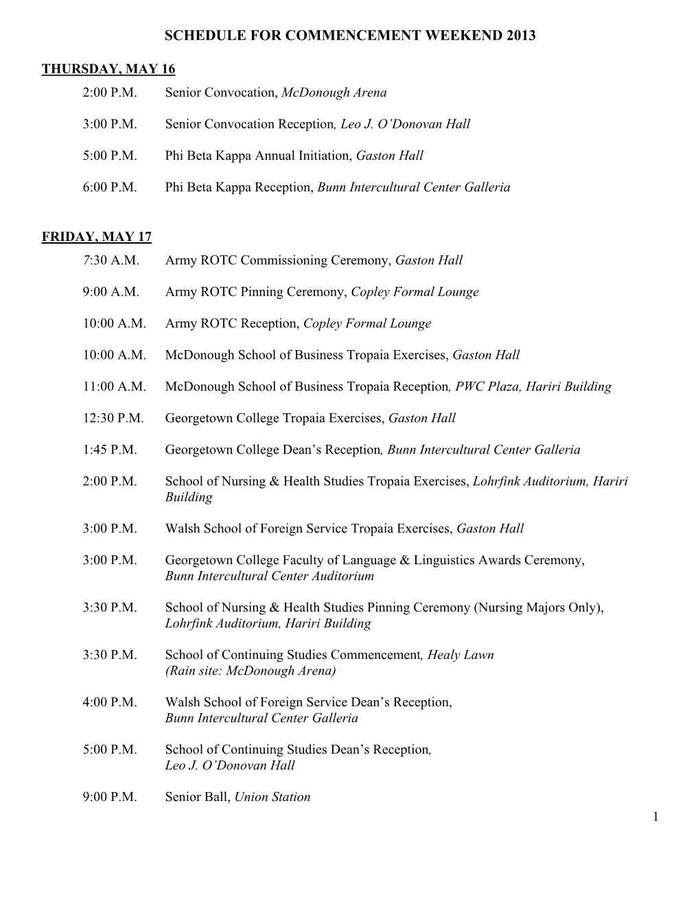 Schedule for Commencement Weekend 2013