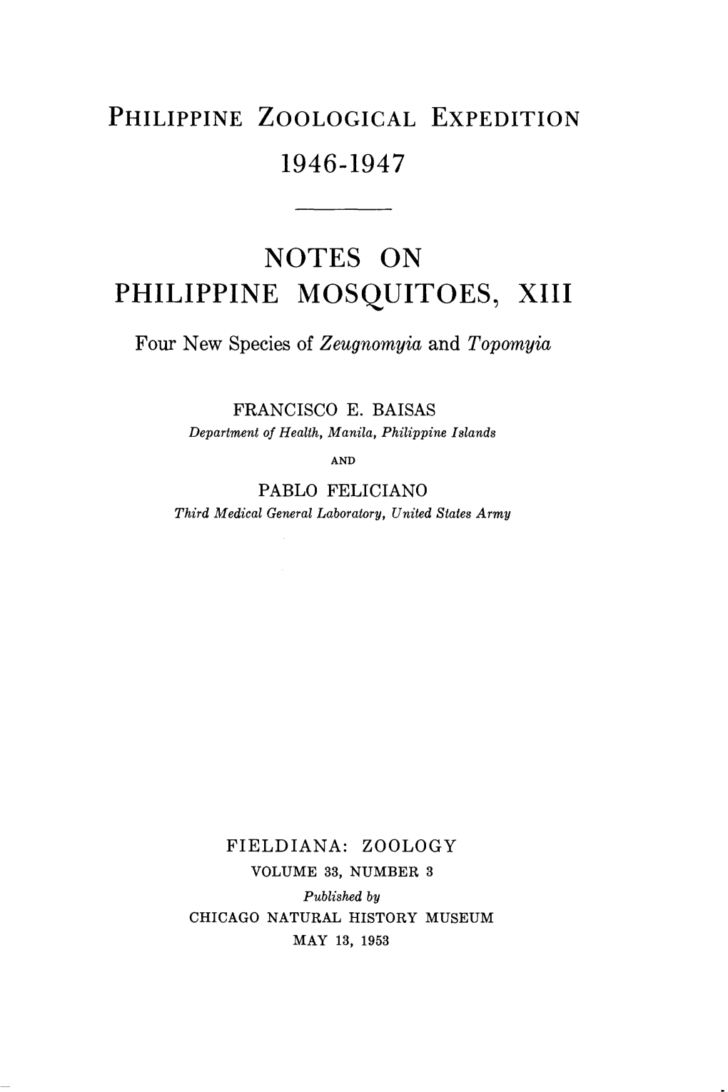 Notes on Philippine Mosquitoes, Xiii. Four New Species of Zeugnomyia and Topomyia