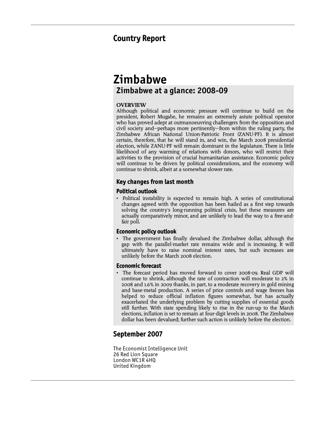 Zimbabwe Zimbabwe at a Glance: 2008-09