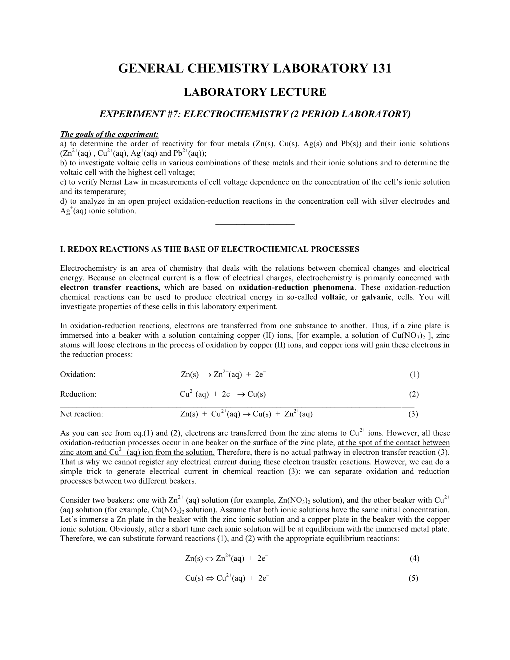 General Chemistry Laboratory 131