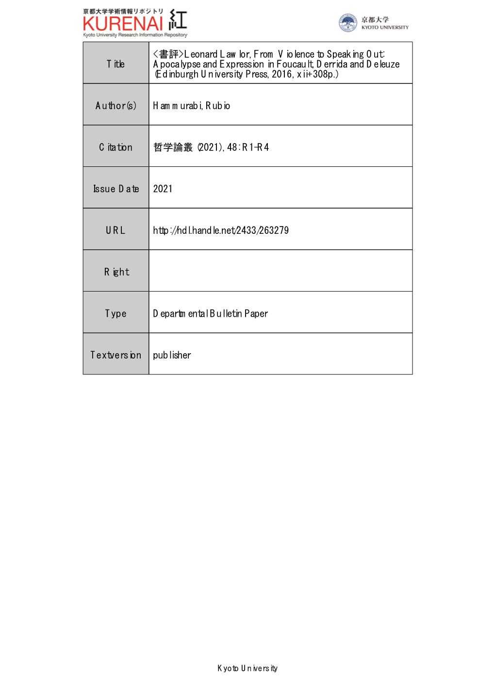 Title <書評>Leonard Lawlor, from Violence to Speaking Out: Apocalypse and Expression in Foucault, Derrida and Deleuze (E