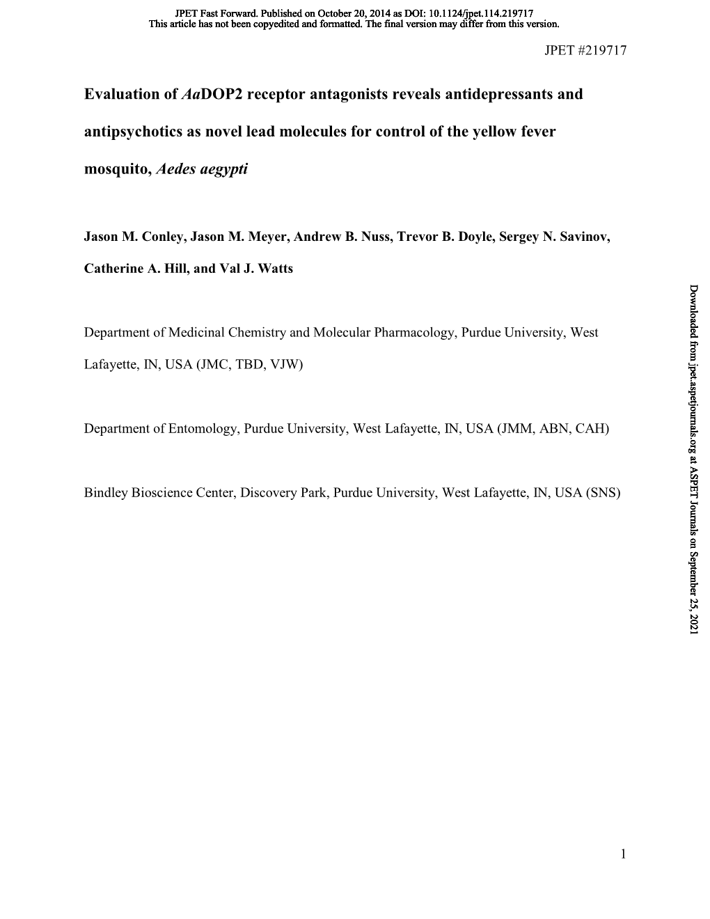 Evaluation of Aadop2 Receptor Antagonists Reveals Antidepressants and Antipsychotics As Novel Lead Molecules for Control of the Yellow Fever Mosquito, Aedes Aegypti