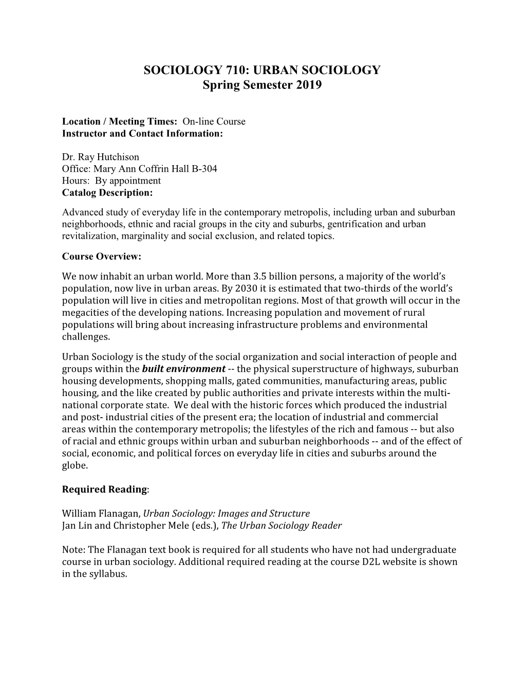 URBAN SOCIOLOGY Spring Semester 2019