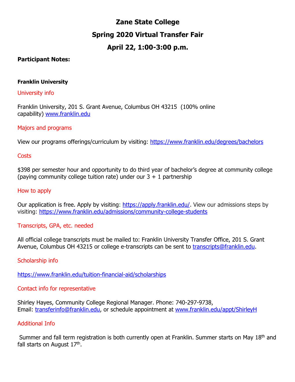Zane State College Spring 2020 Virtual Transfer Fair April 22, 1:00-3:00 P.M