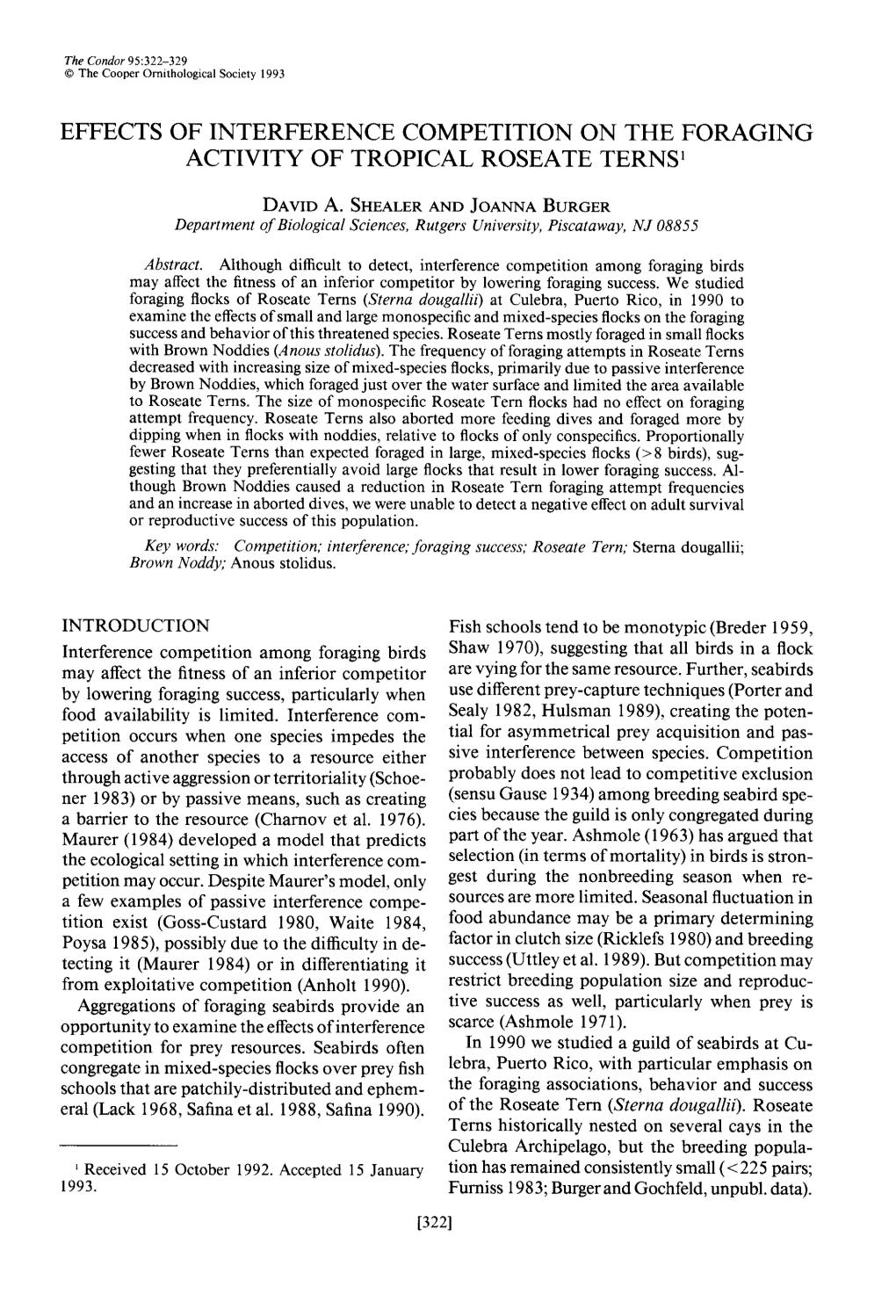 Effects of Interference Competition on the Foraging Activity of Tropical Roseate Terns ’