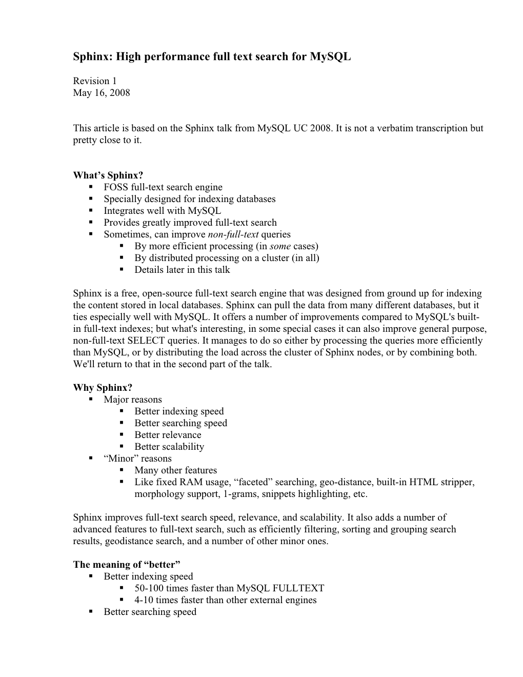 High Performance Full Text Search for Mysql