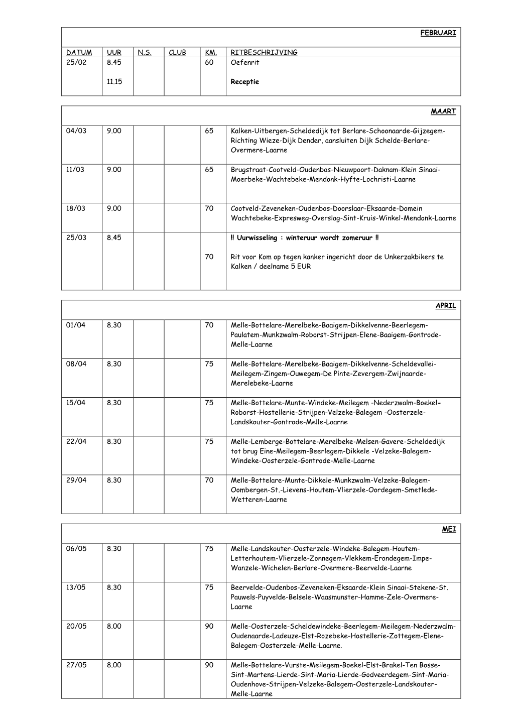 Februari Datum Uur N.S. Club Km. Ritbeschrijving 25/02 8.45