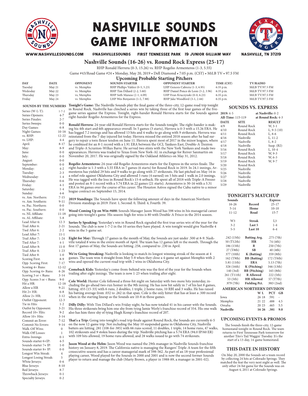 Nashville Sounds Game Information @Nashvillesounds First Tennessee Park 19 Junior Gilliam Way Nashville, TN 37219 Nashville Sounds (16-26) Vs