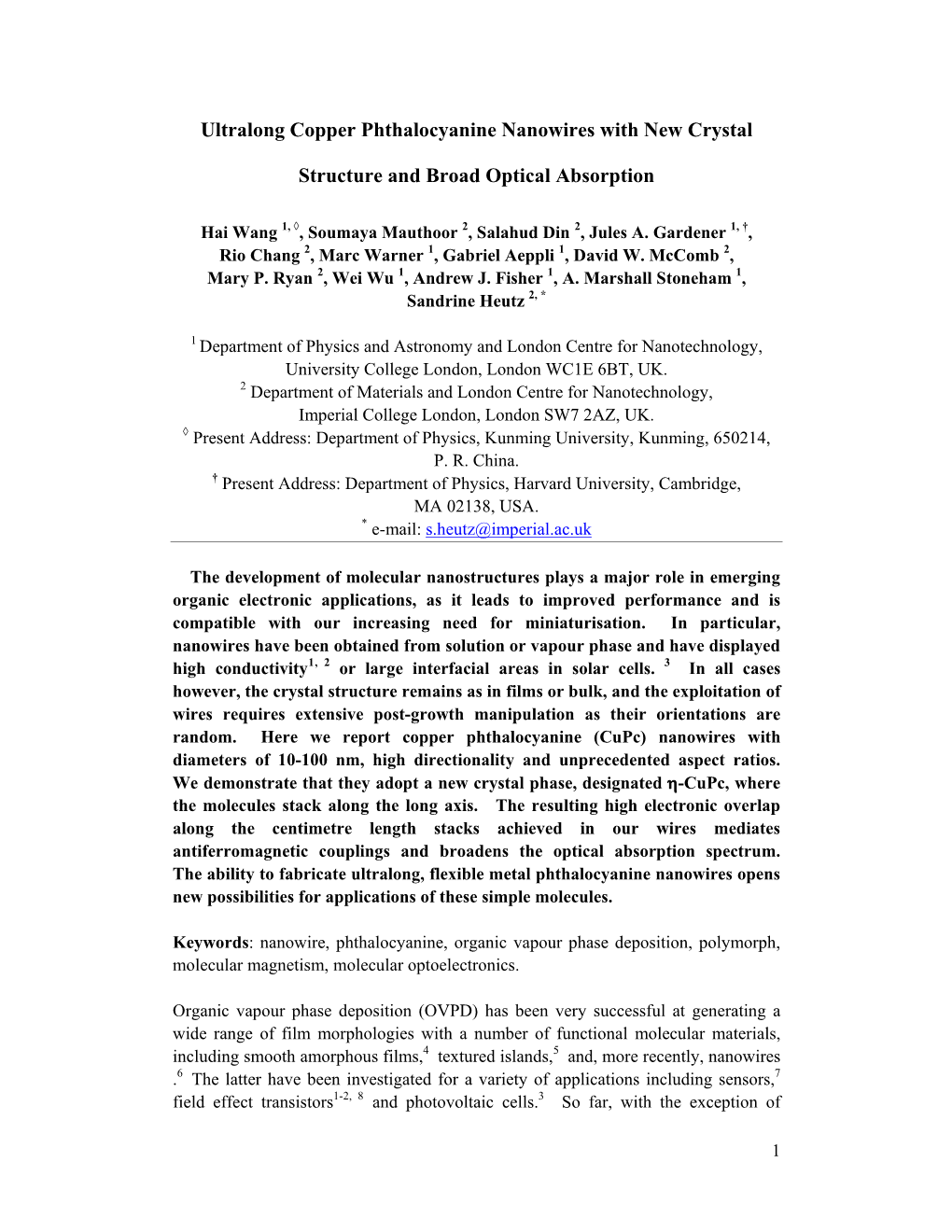 Ultralong Copper Phthalocyanine Nanowires with New Crystal