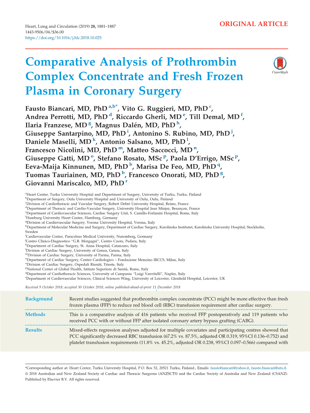 Comparative Analysis of Prothrombin Complex Concentrate and Fresh