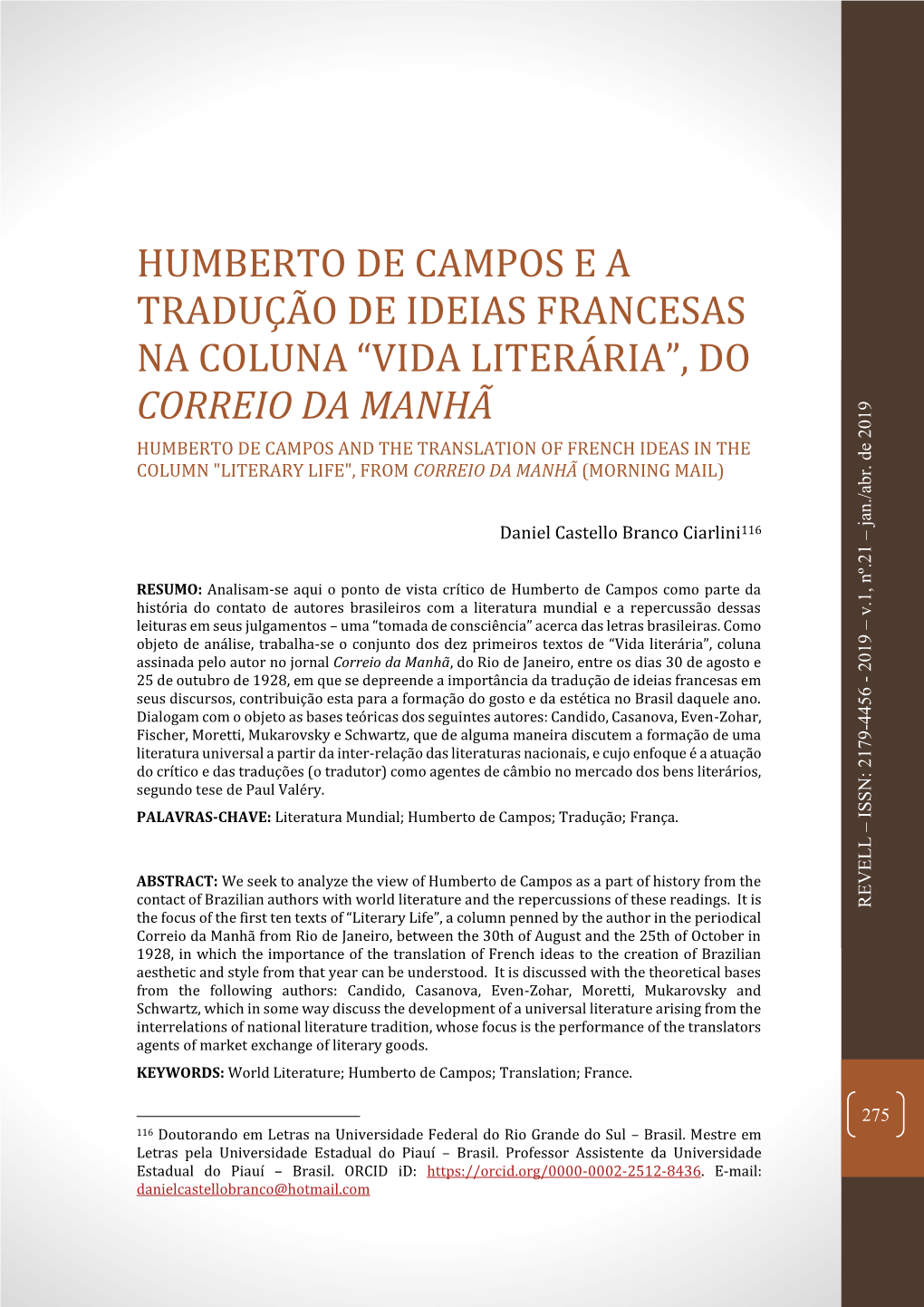 Humberto De Campos E a Traduça O De Ideias