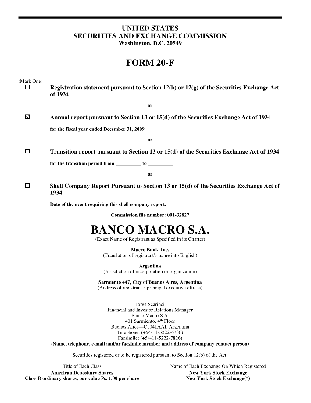 BANCO MACRO S.A. (Exact Name of Registrant As Specified in Its Charter)