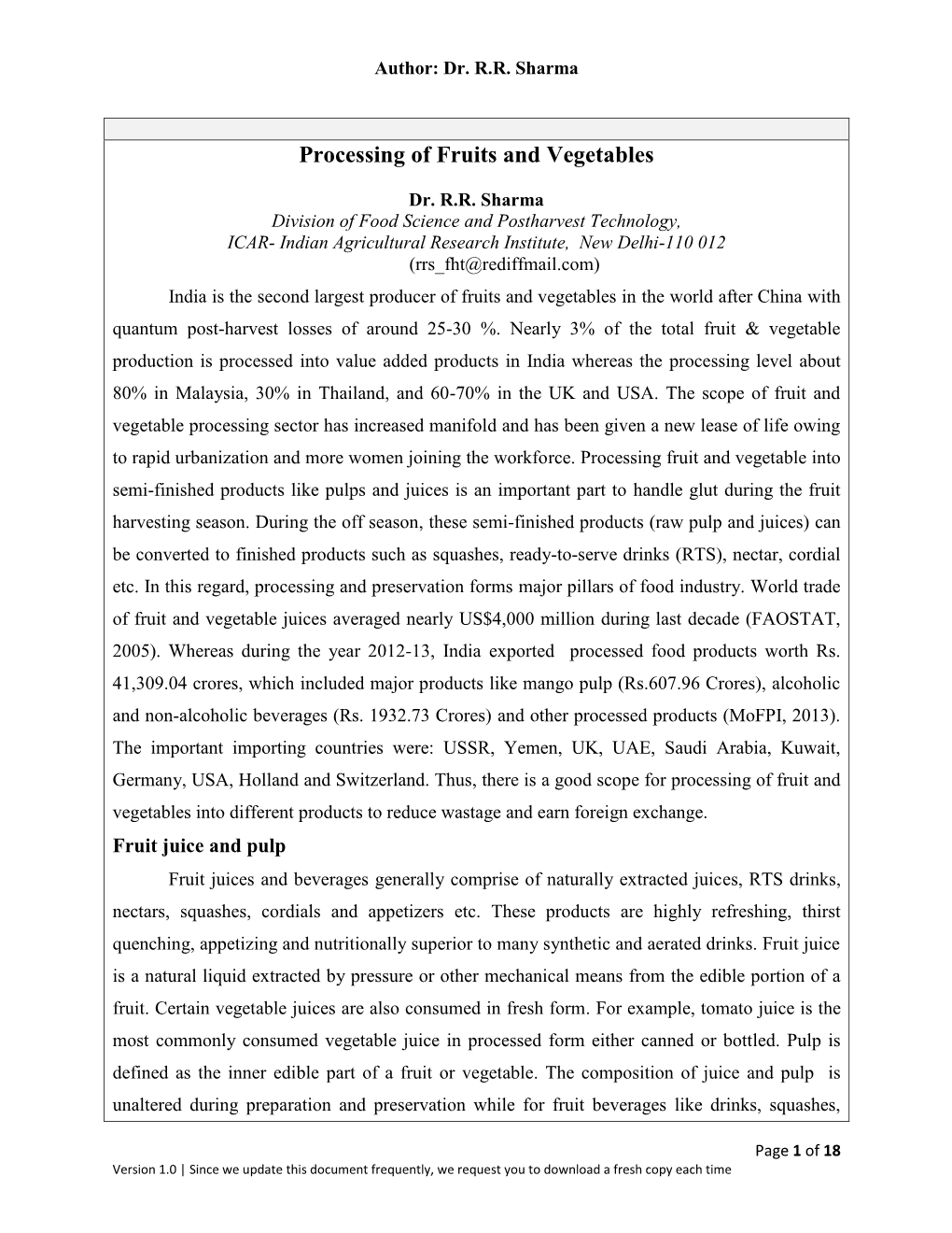 Processing of Fruits and Vegetables