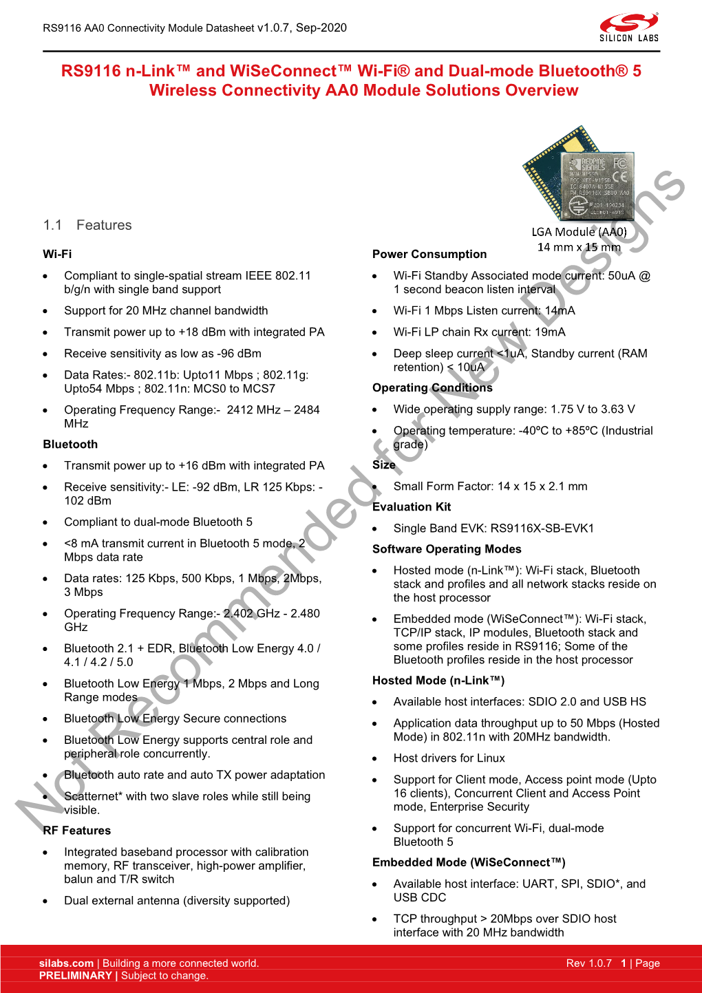 RS9116 AA0 Connectivity Module Datasheet V1.0.7, Sep-2020