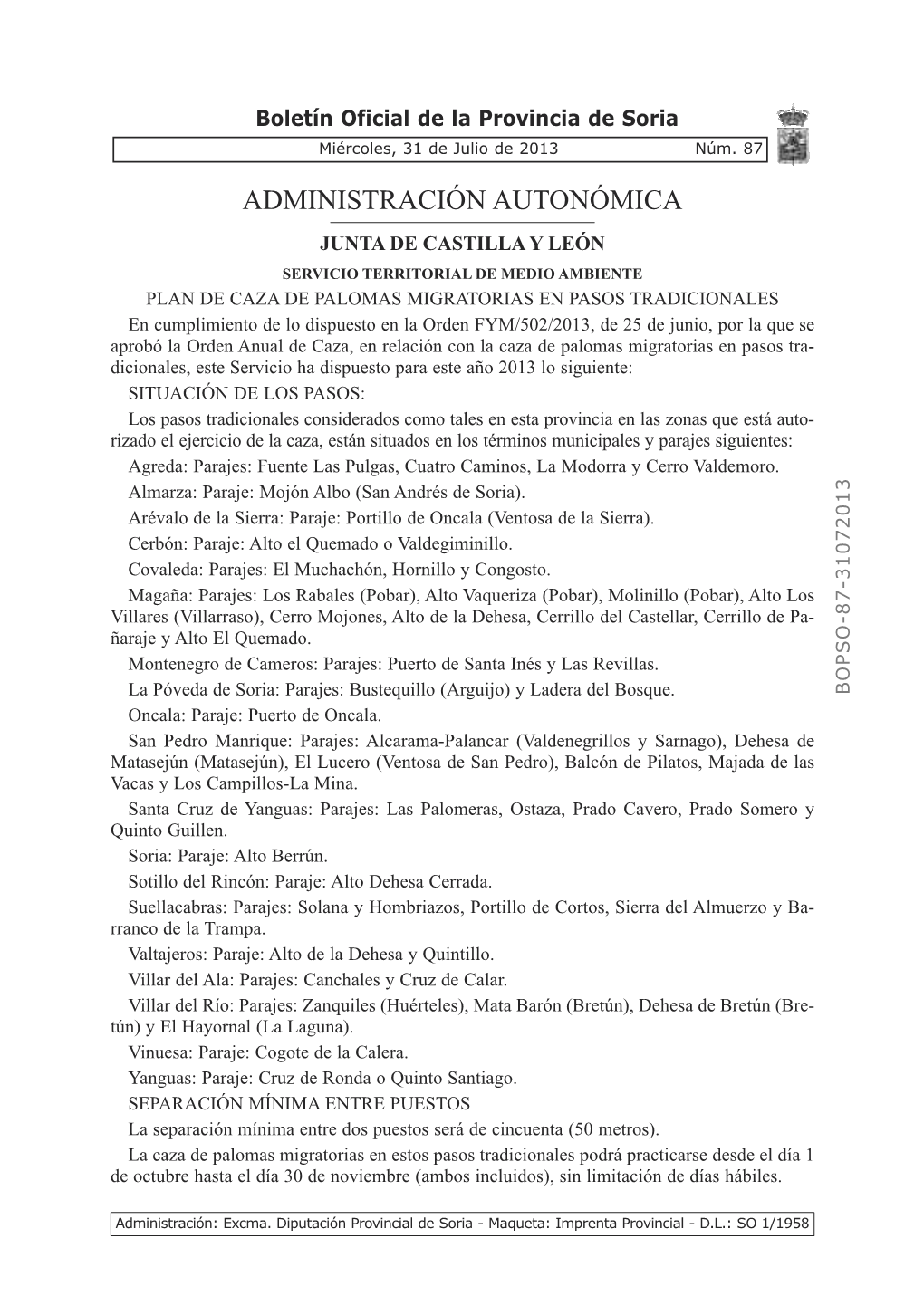 Boletín Oficial De La Provincia De Soria Miércoles, 31 De Julio De 2013 Núm