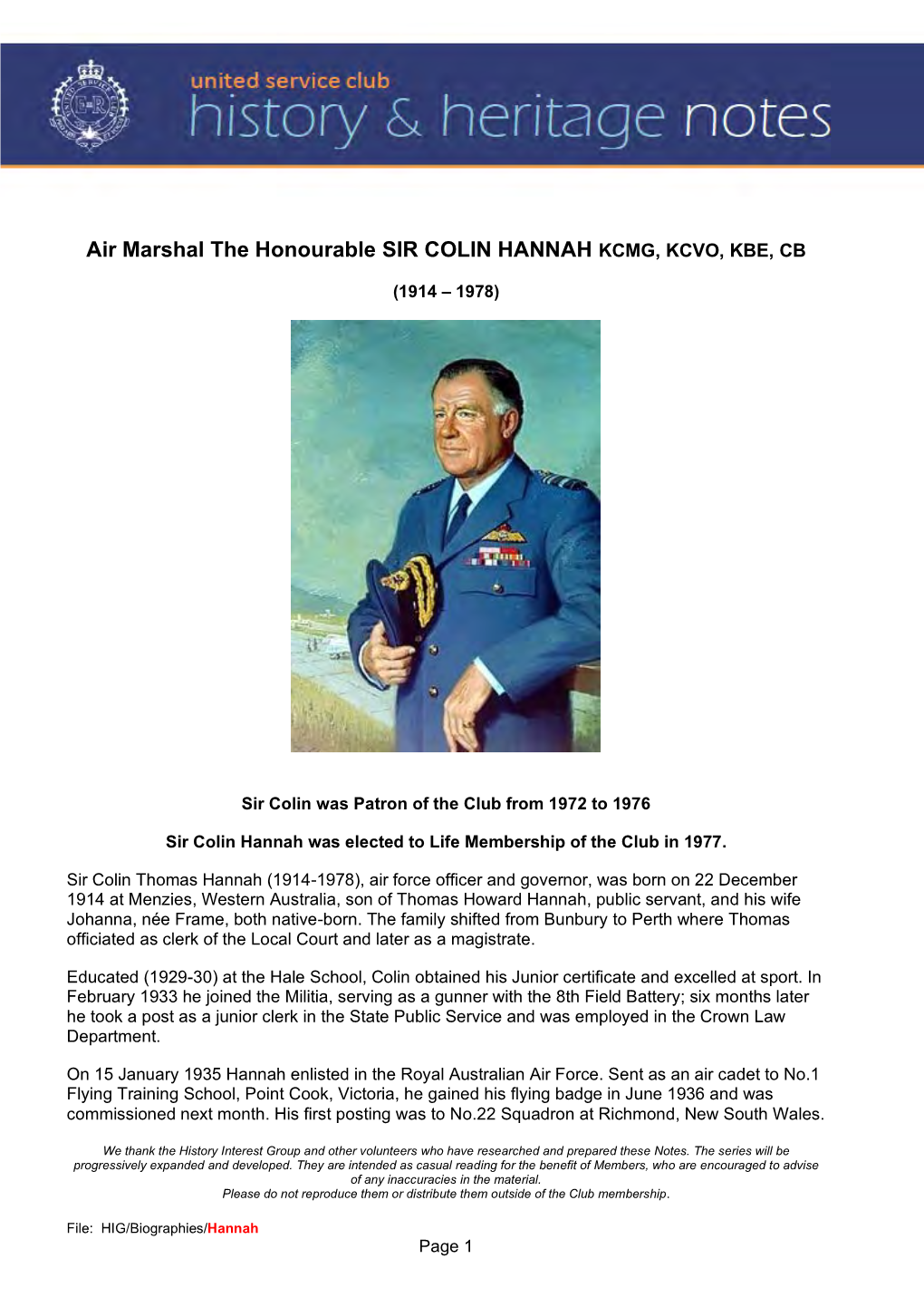 1976 Air Marshal the Honourable Sir Colin HANNAH KCMG, KCVO, KBE