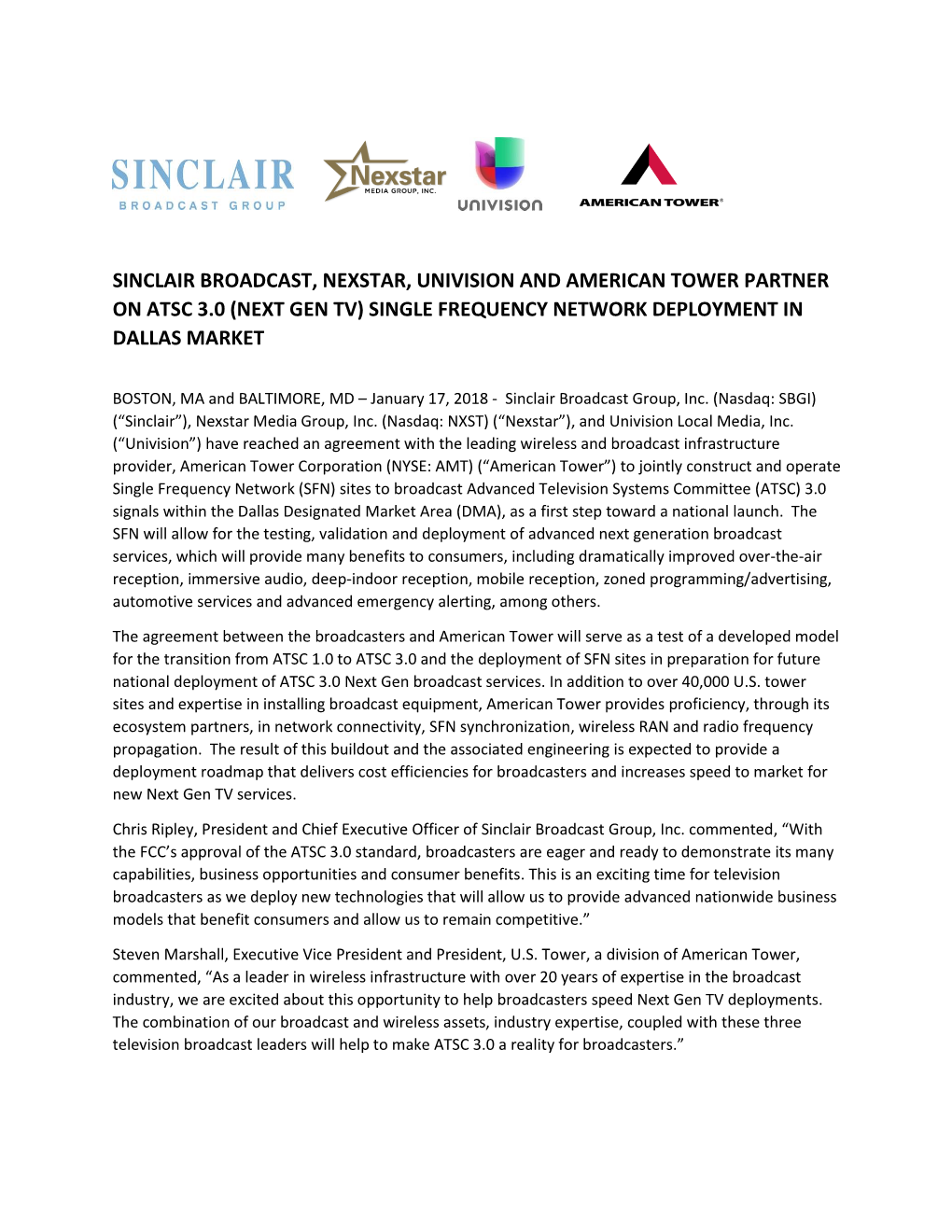 Sinclair Broadcast, Nexstar, Univision and American Tower Partner on Atsc 3.0 (Next Gen Tv) Single Frequency Network Deployment in Dallas Market