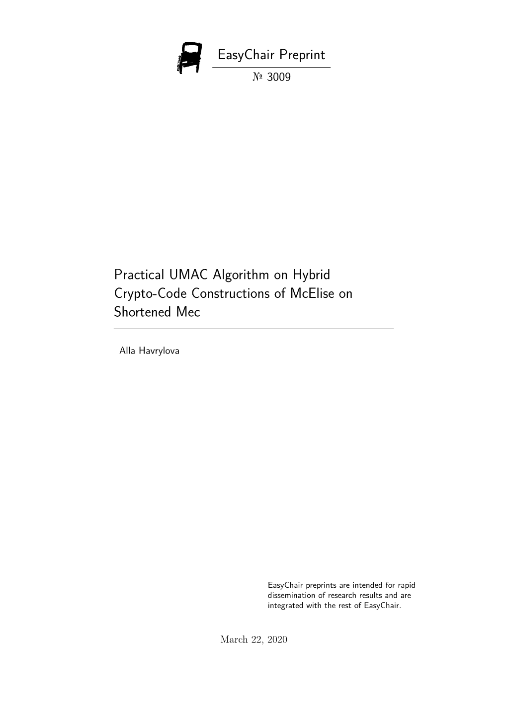 Easychair Preprint Practical UMAC Algorithm on Hybrid Crypto-Code