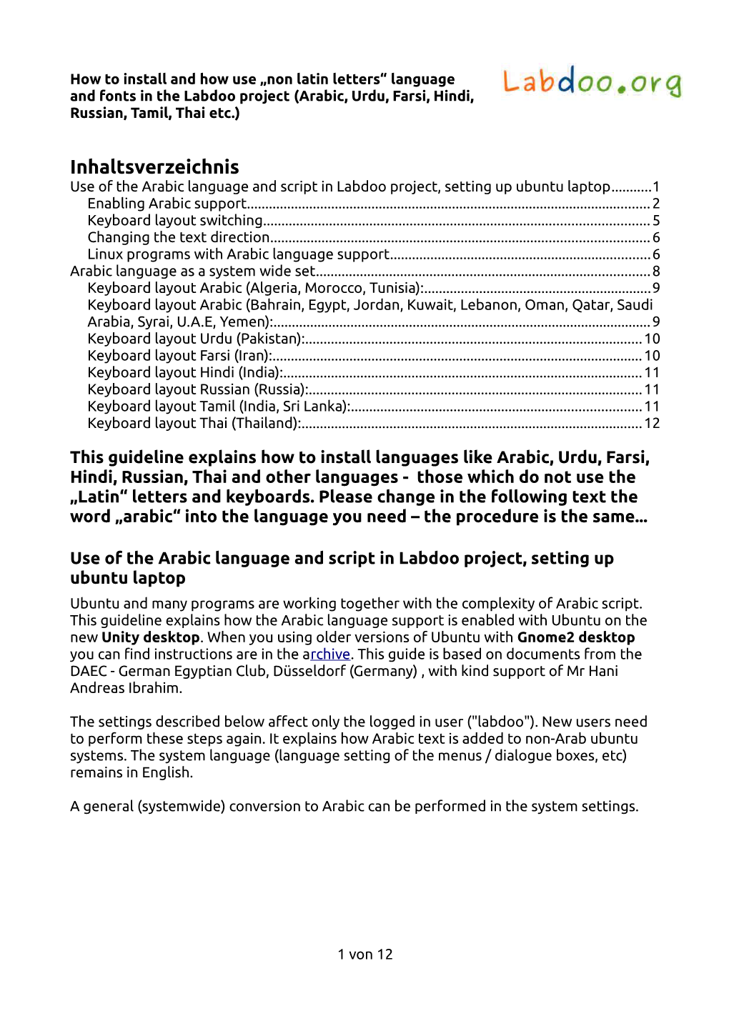 Inhaltsverzeichnis Use of the Arabic Language and Script in Labdoo Project, Setting up Ubuntu Laptop