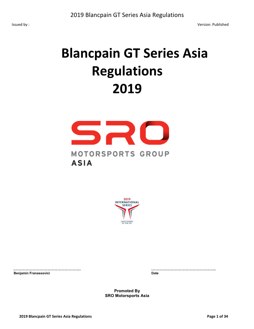 Blancpain GT Series Asia Regulations 2019