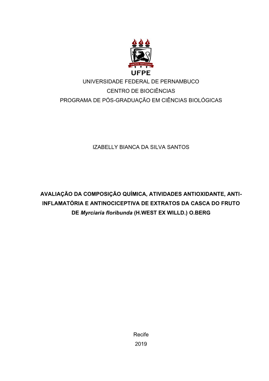 Universidade Federal De Pernambuco Centro De Biociências Programa De Pós-Graduação Em Ciências Biológicas