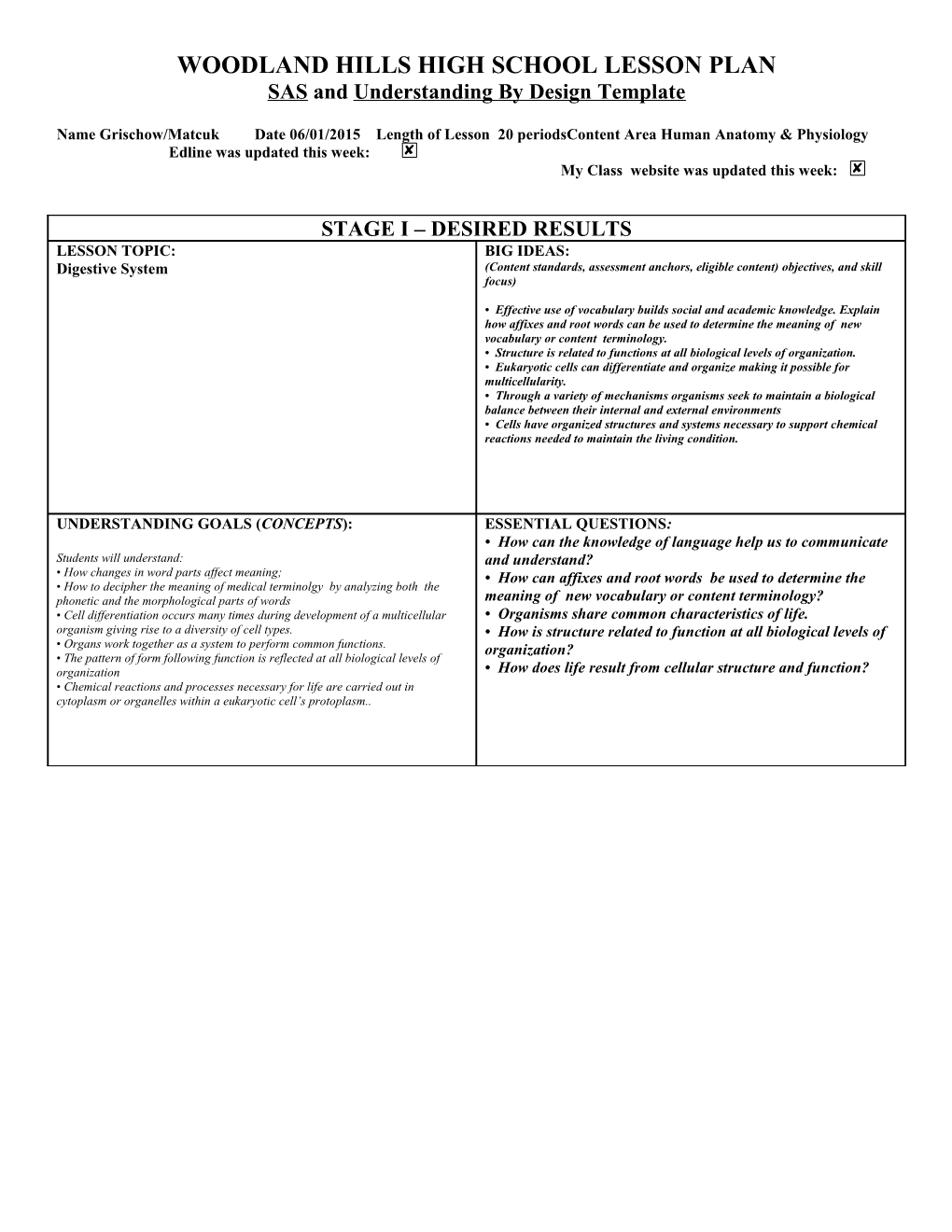 Woodland Hills High School Lesson Plan s12