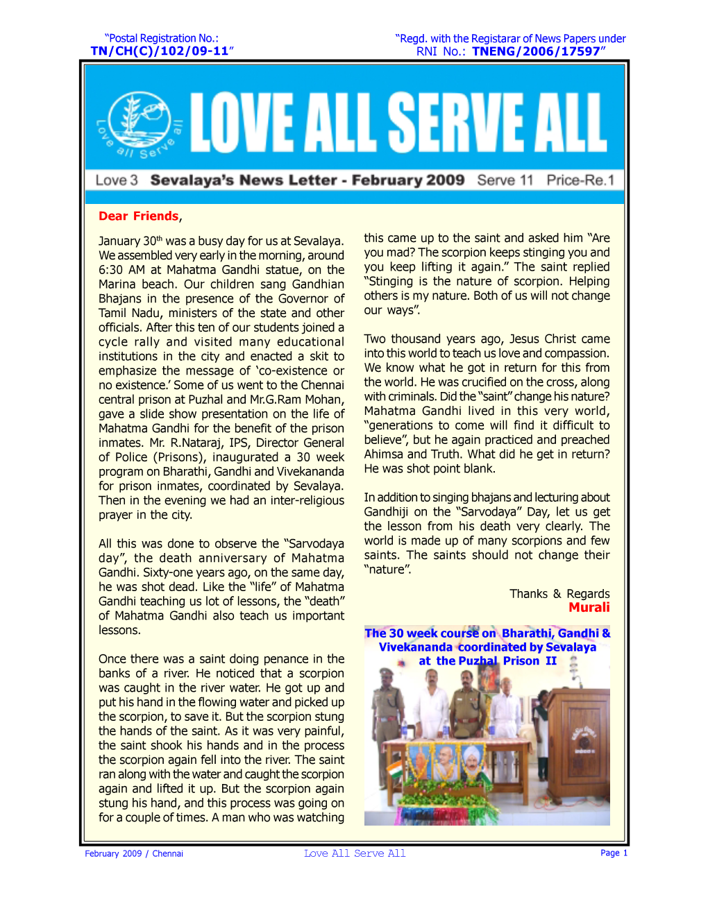 Sevalaya Newsletter Feb 09