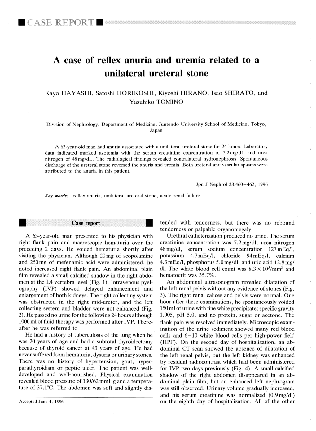 CASE REPORTA Case of Reflex Anuria and Uremia Related to a Unilateral Ureteral Stone