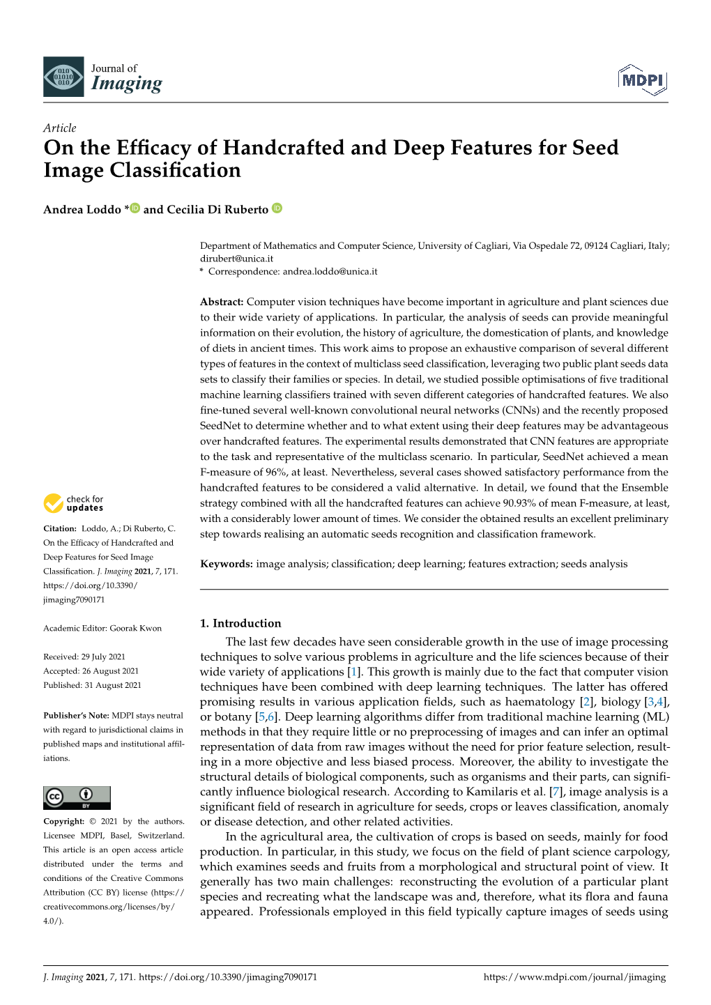 On the Efficacy of Handcrafted and Deep Features for Seed Image