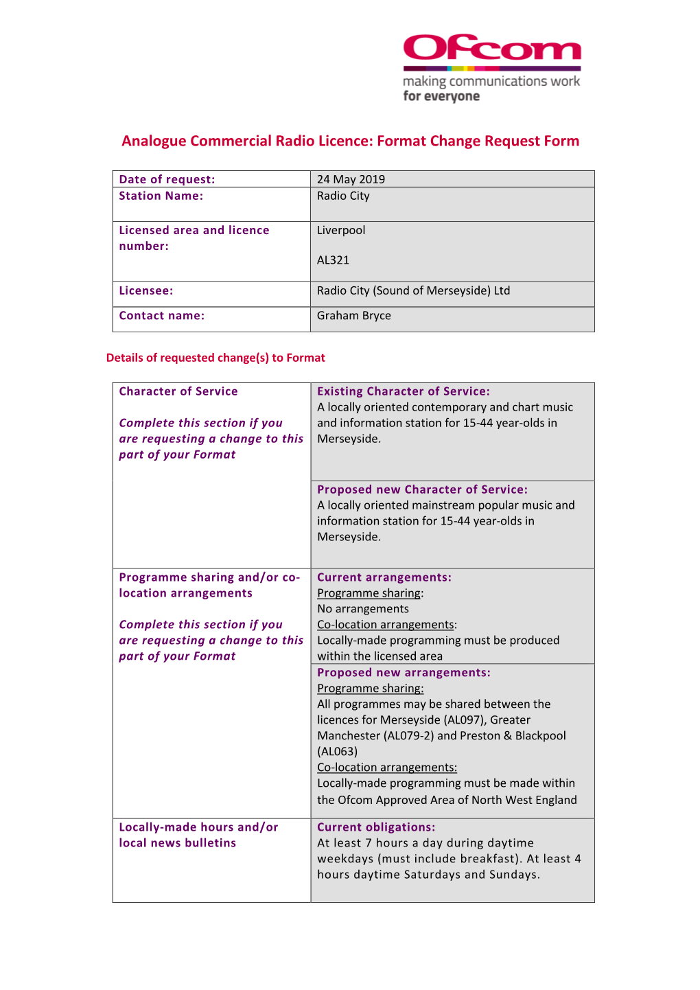 Radio City (Merseyside): Format Change Request Form