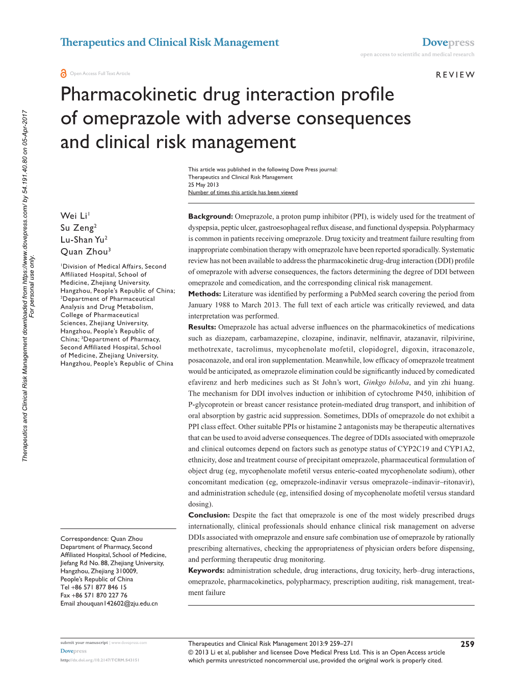 Pharmacokinetic Drug Interaction Profile of Omeprazole with Adverse Consequences and Clinical Risk Management