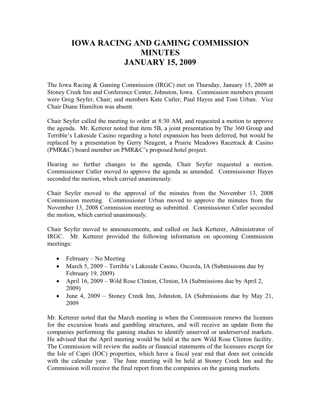 Iowa Racing and Gaming Commission Minutes October 8, 2009