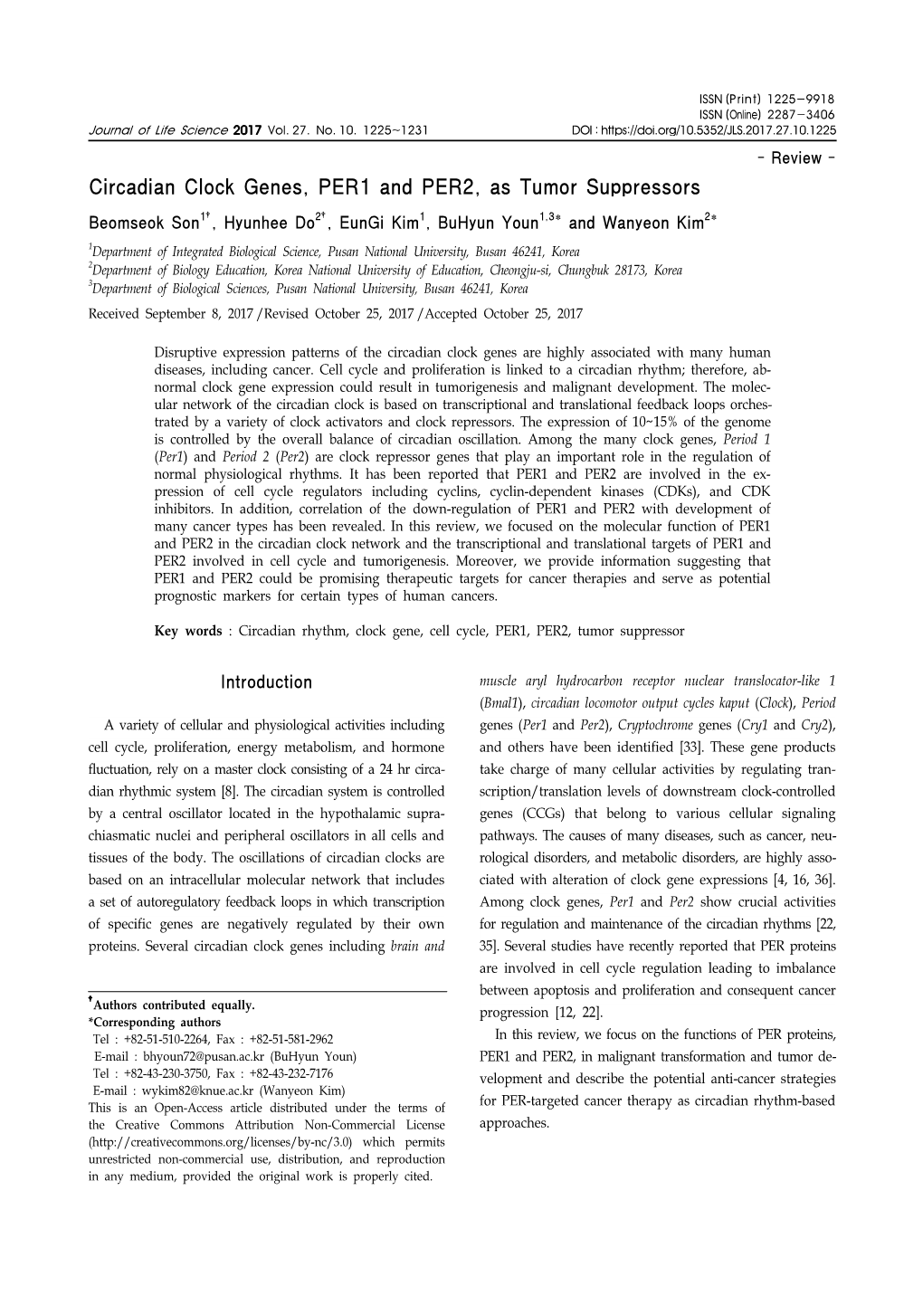 Circadian Clock Genes, PER1 and PER2, As Tumor Suppressors