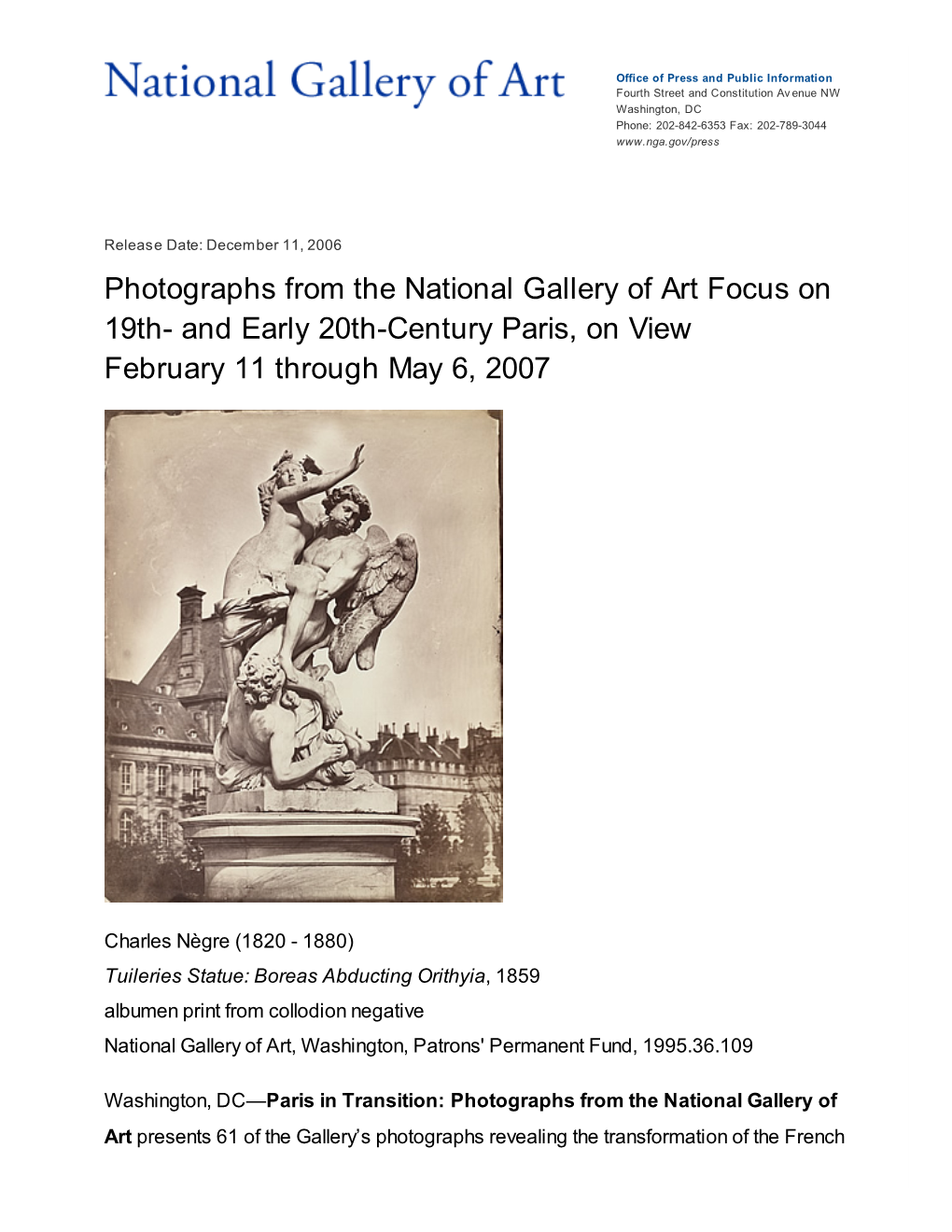 Photographs from the National Gallery of Art Focus on 19Th- and Early 20Th-Century Paris, on View February 11 Through May 6, 2007