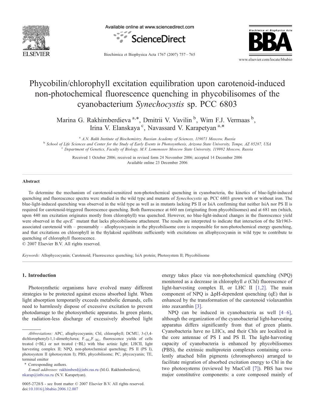 Phycobilin/Chlorophyll Excitation Equilibration Upon Carotenoid