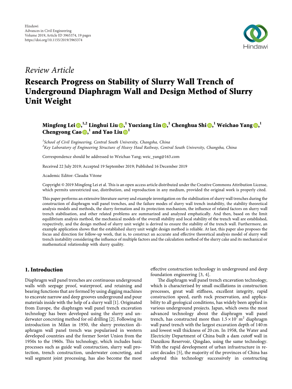 Research Progress on Stability of Slurry Wall Trench of Underground Diaphragm Wall and Design Method of Slurry Unit Weight