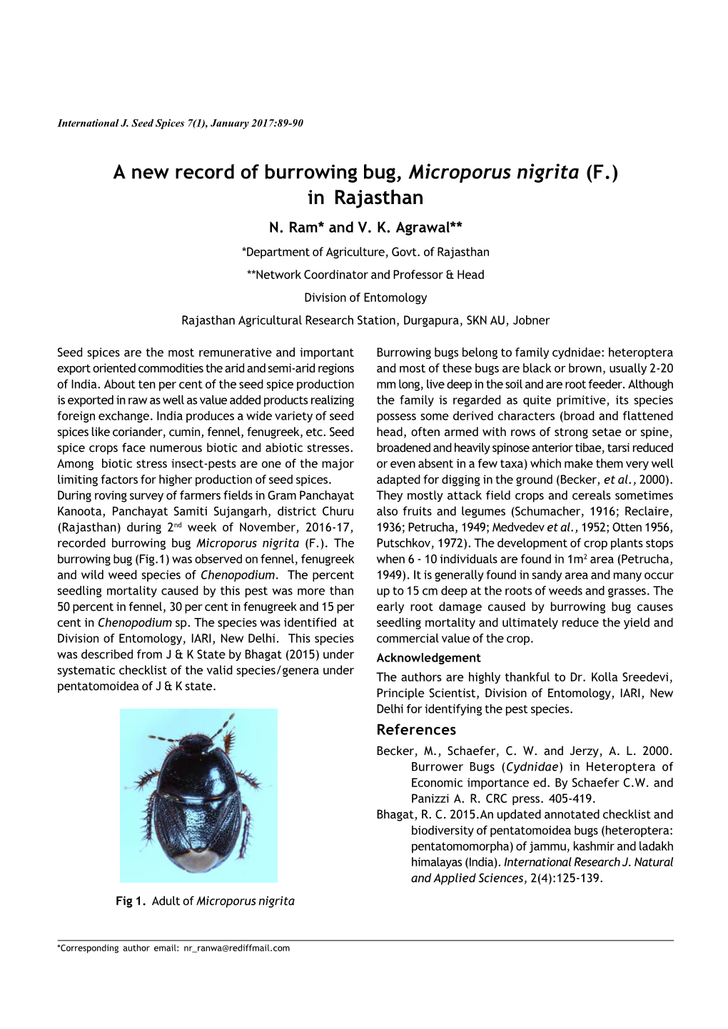 A New Record of Burrowing Bug, Microporus Nigrita (F.) in Rajasthan N