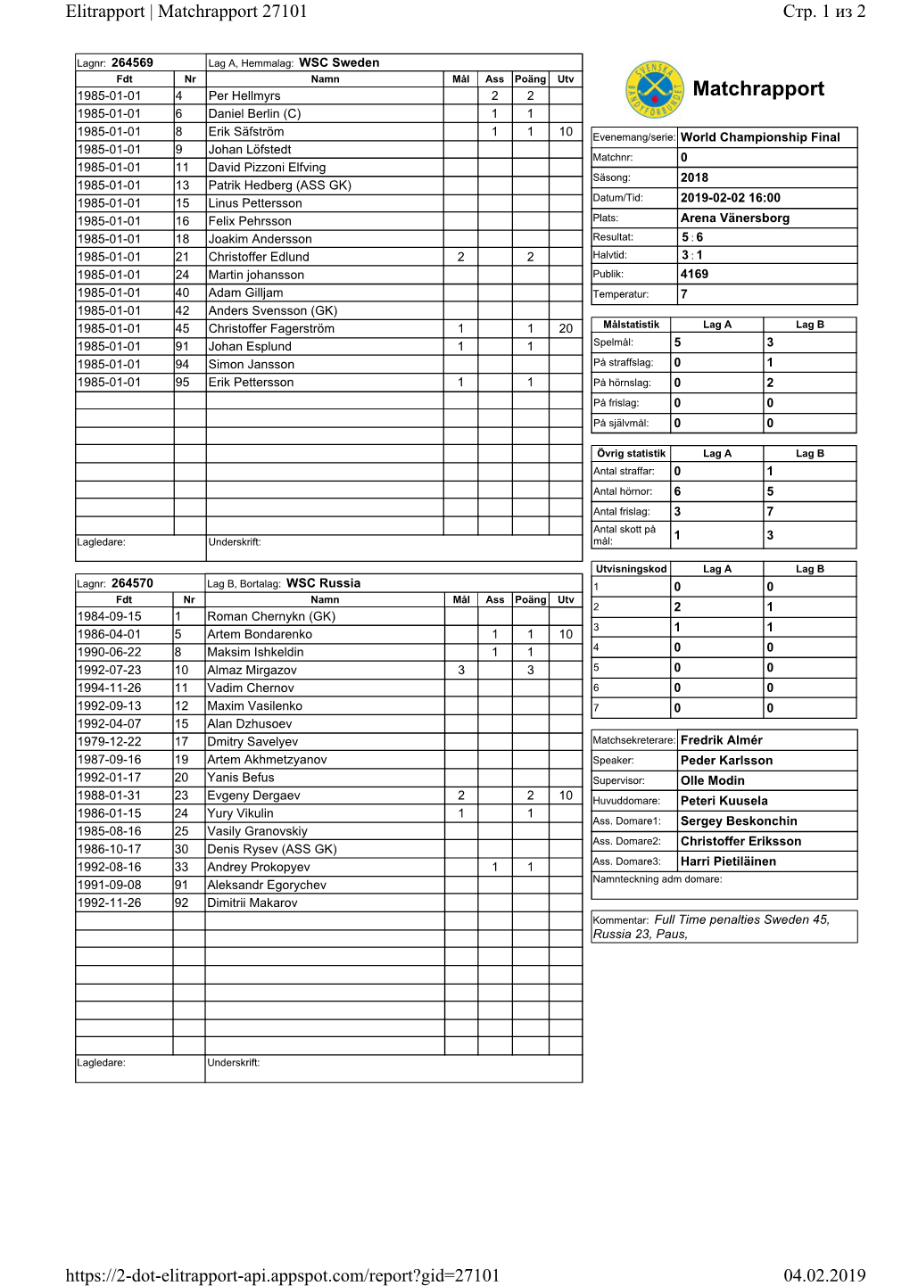 Matchrapport 27101 Стр