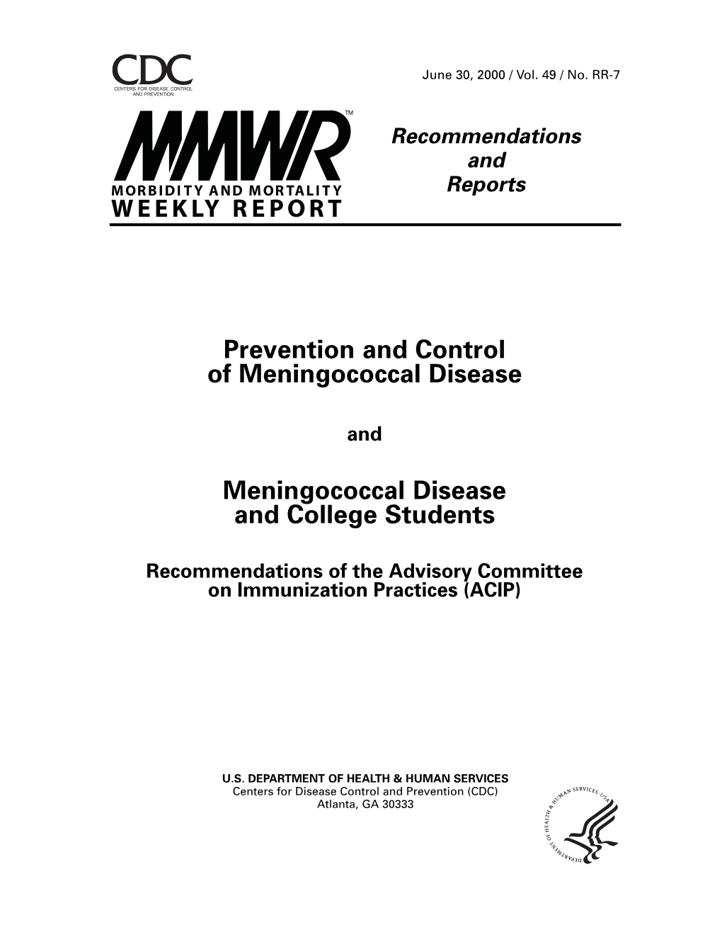 Prevention and Control of Meningococcal Disease